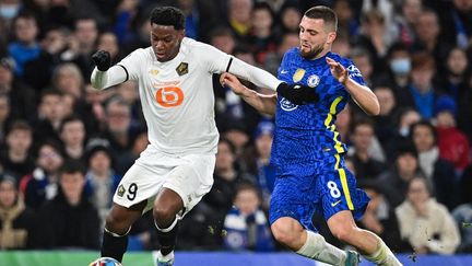 Jonathan David n'a jamais réussi à mettre en danger la défense de Chelsea, mardi 22 février, en huitième de finale aller de la Ligue des champions. (JUSTIN TALLIS / AFP)