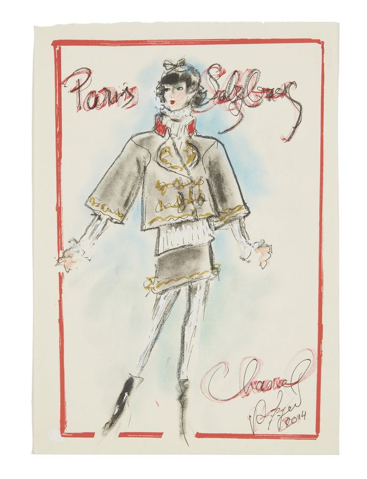 Vente aux enchères Karl Lagerfeld, une collection allemande chez Artcurial du 27 septembre au 4 octobre 2022&nbsp;: dessin de mode signé et annoté "Paris Salzburg" et "Chanel", daté "2014". L'esquisse a été réalisée par Karl Lagerfeld pour le défilé de la collection Métiers d'Art au château Leopoldskron de Salzburg. Estimation 3500/4000 €&nbsp; (ARTCURIAL)