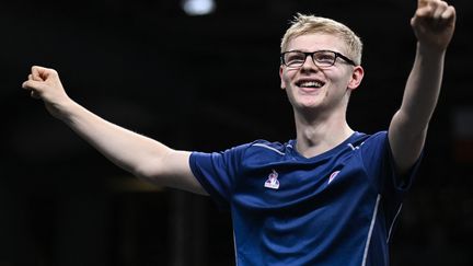 La joie de Félix Lebrun après sa victoire lors du match pour la médaille de bronze aux Jeux olympiques de Paris 2024. (WANG ZHAO / AFP)