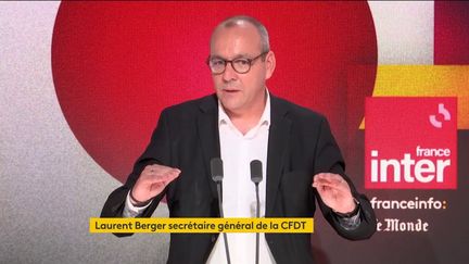 Laurent Berger, secrétaire général de la CFDT, invité de l'émission "Questions politiques" de France Inter, franceinfo et du Monde, le 18 juin 2023. (CAPTURE ECRAN)