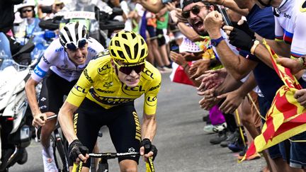 Jonas Vingegaard fait plus que résister face à Tadej Pogacar dans le col de Joux Plane, le 15 juillet 2023. (BERNARD PAPON / AFP)