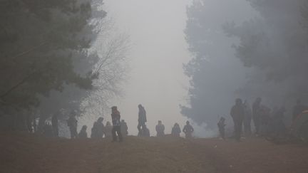 Des migrants à la frontière polonaise dans la région de Grodno (Biélorussie), le 11 novembre 2021. (RAMIL NASIBULIN / BELTA VIA AFP)