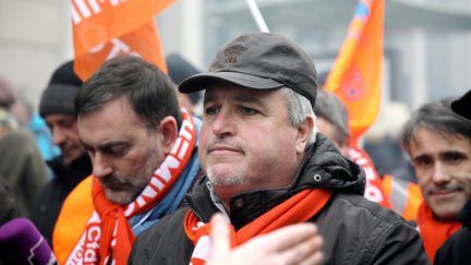 Didier Aubert,&nbsp;le secrétaire général de la CFDT cheminots, dans une manifestation à Paris, le 22 mars 2018. (JEAN-BAPTISTE QUENTIN / MAXPPP)