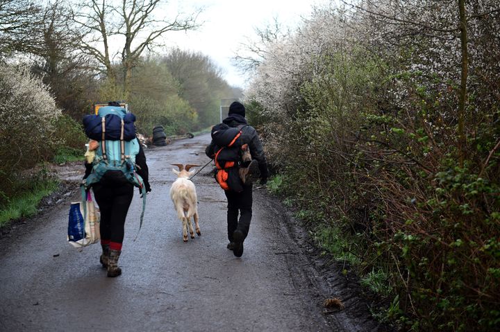 Des occupants quittent la ZAD avec leur chèvre, à Notre-Dame-des-Landes (Loire-Atlantique), le 11 avril 2018.&nbsp; (GUILLAUME SOUVANT / AFP)