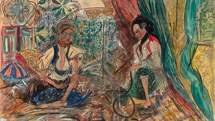 "Souhila Bel Bahar (née en 1934) issue d’une famille de brodeurs est d’abord formée à la couture à Alger, entre 1949 et 1952. Artiste autodidacte, elle débute la peinture de chevalet à 17 ans et stimule sa pratique du dessin par ses lectures d’ouvrages d’histoire de l’art, puisant l’inspiration dans des œuvres d’artistes occidentaux tels que Delacroix, Renoir, Corot ou Picasso. Elle développe une palette graphique et chromatique très colorée et sinusoïdale où le trait cerné, parfois doré, de ses figures rappelle encore les fils d’or brodés hérités de sa formation textile. (…) Son travail, qui met la figure féminine et les motifs orientaux tout autant que l’arabesque à l’honneur, sera également mis au service de l’ONG, l’Union nationale des femmes algériennes."&nbsp; &nbsp; (DONATION CLAUDE ET FRANCE LEMAND MUSEE DE L’IMA)