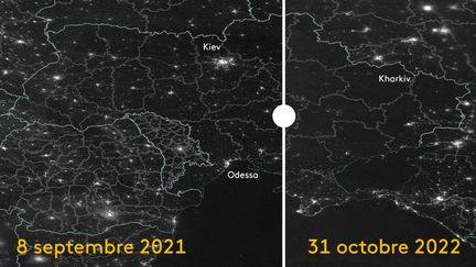 Les satellites de la Nasa permettent de visualiser l'évolution de la luminosité des nuits ukrainiennes. (FRANCEINFO)