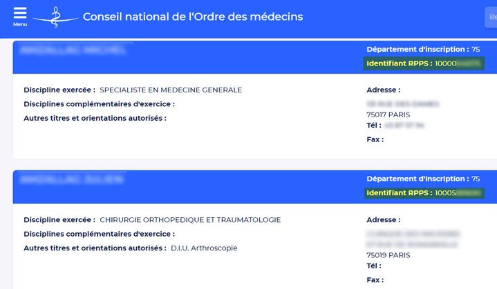 Capture d’écran du site internet du CNOM où les médecins sont référencés. (GERALDINE HALLOT / CELLULE INVESTIGATION DE RADIO FRANCE)