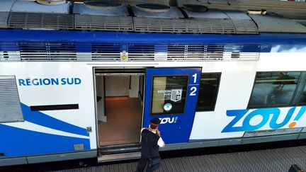 Un contrôleur de la SNCF sur le quai de la gare de Valence (Drôme).&nbsp; (NICOLAS GUYONNET / HANS LUCAS / AFP)