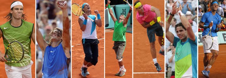 Les tenues de Rafael Nadal &agrave; Roland-Garros, de 2005 &agrave; 2011.&nbsp; (MONTAGE AFP)