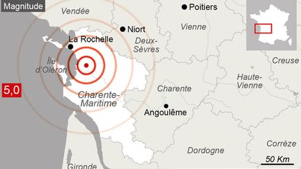 &nbsp; (Carte de localisation du séisme du 28 avril dans le Grand Ouest © Visactu)