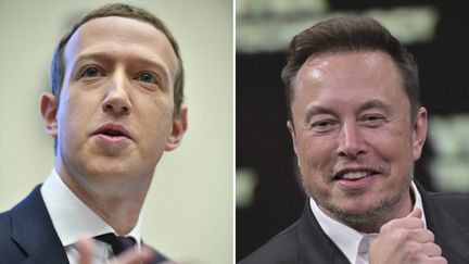 Photo de Mark Zuckerberg, le 23 octobre 2019, à Washington, et de Elon Musk, le 16 juin 2023, à Paris. (MANDEL NGAN,ALAIN JOCARD / AFP)