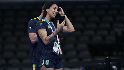 Ana Carolina Vieira de l'équipe brésilienne de natation lors de l'entraînement aux Jeux olympiques de Paris 2024, le 23 juillet 2024. (MICKAEL CHAVET / SIPA)