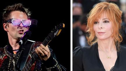 Matt Bellamy de Muse sur scène le 20 juillet 2019 à Rome (Italie) et Mylène Farmer le 17 juillet 2021 au festival de Cannes (France). (ROBERTO PANUCCI / CORBIS - STEPHANE CARDINALE / GETTY IMAGES)