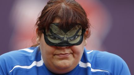 L'Italienne Assunta Legnante lors de l'&eacute;preuve de lancer de disque F11/12 aux Jeux paralympiques de Londres (Royaume-Uni), le 1er septembre 2012. (IAN KINGTON / AFP)