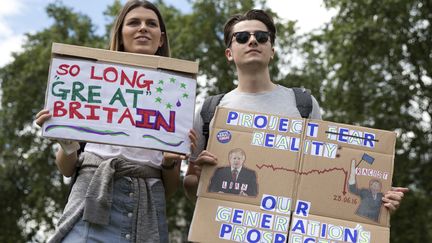 Des manifestants brandissent des pancartes anti-Brexit, lors d'un rassemblement pour protester contre la sortie du Royaume-Uni de l'Union européenne, à Londres, le 25 juin 2016. (JUSTIN TALLIS / AFP)