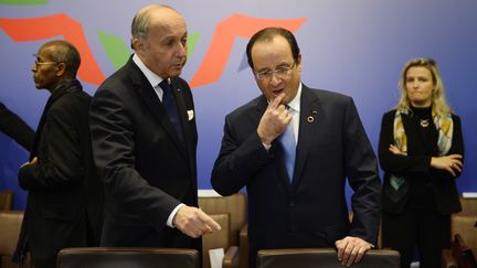 Le chef de la diplomatie Laurent&nbsp;Fabius et Fran&ccedil;ois Hollande, le 6 d&eacute;cembre 2013 &agrave; Paris, lors du sommet des chefs d'Etats africains &agrave; l'Elys&eacute;e. (ERIC FEFERBERG / AFP)