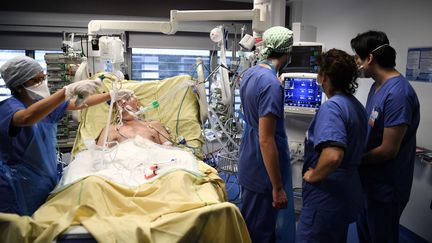 Des soignants s'occupent d'un patient en réanimation à l'hôpital Tenon (Paris), le 26 janvier 2021. (ALAIN JOCARD / AFP)