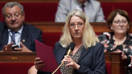 La députée du Gard, Annie Chapelier,&nbsp;le 19 juin 2019 à l'Assemblée lors de la séance des questions au gouvernement. (KENZO TRIBOUILLARD / AFP)