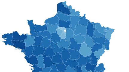 Carte de la participation au second tour de l'élection présidentielle par département à 17h. (FRANCEINFO / RADIOFRANCE)