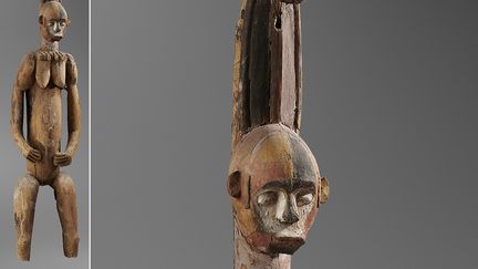 Cette statue représente un alusi (esprit vénéré) dans la religion Igbo au sud-est du Nigeria. Il s'agit d'une figure féminine, qui symbolise une divinité de la nature ou un ancêtre. La perforation au niveau de la coiffe laisse à penser qu’elle servait à soutenir la toiture d’un sanctuaire abritant une dizaine d’autres statues. En échange de leur protection, elles recevaient de nombreuses offrandes et étaient régulièrement repeintes. (PRET D’EWA ET YVES DEVELON. PHOTO HUGUES DUBOIS)