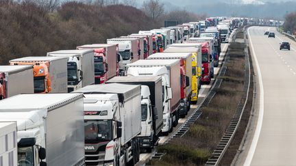 Des immenses bouchons ont lieu à la frontière entre l'Allemagne et la Pologne à cause des contrôles sanitaires, le 19 mars 2020.&nbsp; (JENS SCHLUETER / AFP)