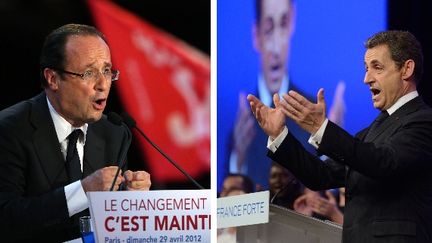 Fran&ccedil;ois Hollande au Palais omnisports de Paris-Bercy et Nicolas Sarkozy au Parc des expositions de Toulouse, le 29 avril 2012. (KENZO TRIBOUILLARD / ERIC FEFERBERG / AFP)