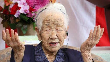 La Japonaise Kane Tanaka, alors simplement la doyenne de son pays, dans sa maison de retraite de Fukuoka, le 14 septembre 2018. (MASANOBU NAKATSUKASA / YOMIURI / AFP)