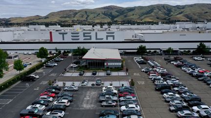 Une vue aérienne de l'usine Tesla à Fremont (Californie), le 13 mai 2020. (JUSTIN SULLIVAN / GETTY IMAGES NORTH AMERICA / AFP)