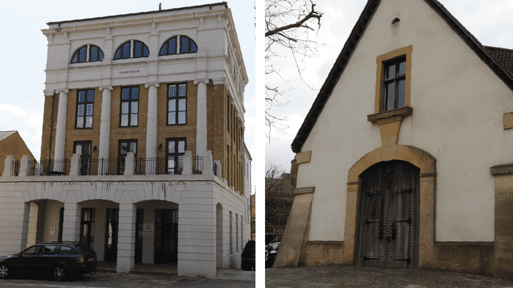 La Maiden House et le Brownsword Hall à Poundbury, le 18 avril 2023. (ELISE LAMBERT / FRANCEINFO)