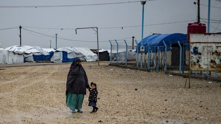 Une femme et son enfants, dans le camp de réfugiés Roj, au nord-est de la Syrie, le 4 février 2021. (DELIL SOULEIMAN / AFP)