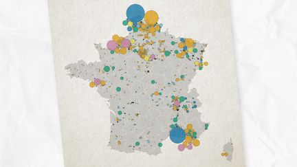 Carte des sites industriels français et de leurs émissions de CO2 en 2019. (ELLEN LOZON / FRANCEINFO)