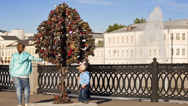 Des arbres m&eacute;talliques ont &eacute;t&eacute; install&eacute;s pour accrocher les cadenas d'amour &agrave; Moscou (Russie). ( AFP )