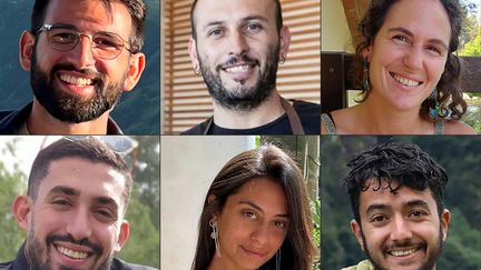 Les visages des otages israéliens Almog Sarusi, Alexander Lubanov, Carmel Gat, Ori Danino, Eden Yerushalmi et Hersh Goldberg-Polin, retrouvés morts à Gaza, le 31 août 2024. (THE HOSTAGES FAMILIES FORUM / AFP)