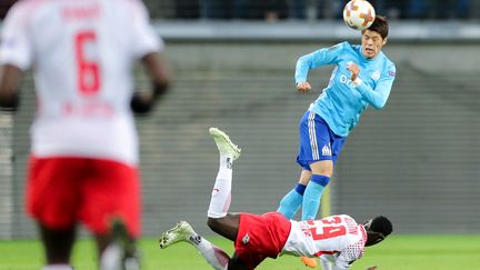 Le latéral droit japonais de l'OM Hiroki Sakai, jeudi 5 avril 2018 à Leipzig (Allemagne). (MAXPPP)