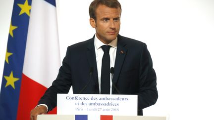 Le président de la République, Emmanuel Macron, le 27 août 2018, lors de la Conférence des ambassadeurs. (PHILIPPE WOJAZER / POOL / AFP)