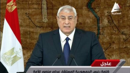 Le pr&eacute;sident &eacute;gyptien par int&eacute;rim Adly Mansour s'exprime &agrave; la t&eacute;l&eacute;vision le 26 janvier 2014 au Caire (Egypte). ( EGYPTIAN TV / AFP)