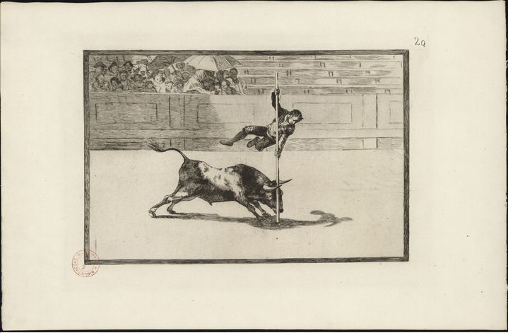 Francisco de Goya y Lucientes - Légèreté et adresse de Juanito Apiñani dans la place de Madrid -&nbsp;Eau-forte, aquatinte brunie, pointe sèche, burin et lavis sur papier - 30,8 x 44,5 cm (Nîmes, Carré d’Art bibliothèque)