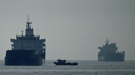 Des cargos chargés de céréales dans le Bosphore, au large d'Istanbul (Turquie), le 31 octobre 2022.&nbsp; (OZAN KOSE / AFP)