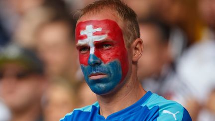 Evidemment, quand ils ne sont pas barrés d'un large sourire, les beaux maquillages paraissent tout de suite moins flamboyants, comme chez ce supporter slovaque boudeur. (BEN QUEENBOROUGH / BACKPAGE IMAGES LTD / AFP)