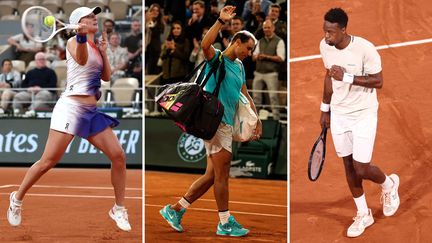 Iga Swiatek, Rafael Nadal et Gaël Monfils lors de leurs premiers tours respectifs à Roland-Garros, le 27 mai 2024. (AFP)