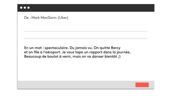 Reconstitution d’un e-mail de Mark MacGann à ses collaborateurs divulgué dans les Uber Files. (UBER FILES / CELLULE INVESTIGATION DE RADIO FRANCE)