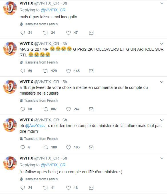 Capture d'écran du compte Twitter de @VIVITIX_CR, l'auteur revendiqué du piratage du compte Twitter du ministère de la Culture, mardi 18 juillet. (TWITTER / FRANCEINFO)