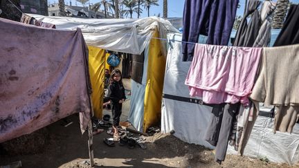 Une fillette dans un camp de réfugiés à Deir al-Balah, dans la bande de Gaza, le 20 février 2024. (ALI JADALLAH / ANADOLU / AFP)