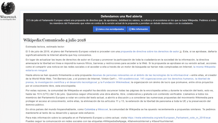 Un communiqué barre l'entrée de la version espagnole de Wikipédia, le 4 juillet 2018. (WIKIPEDIA)