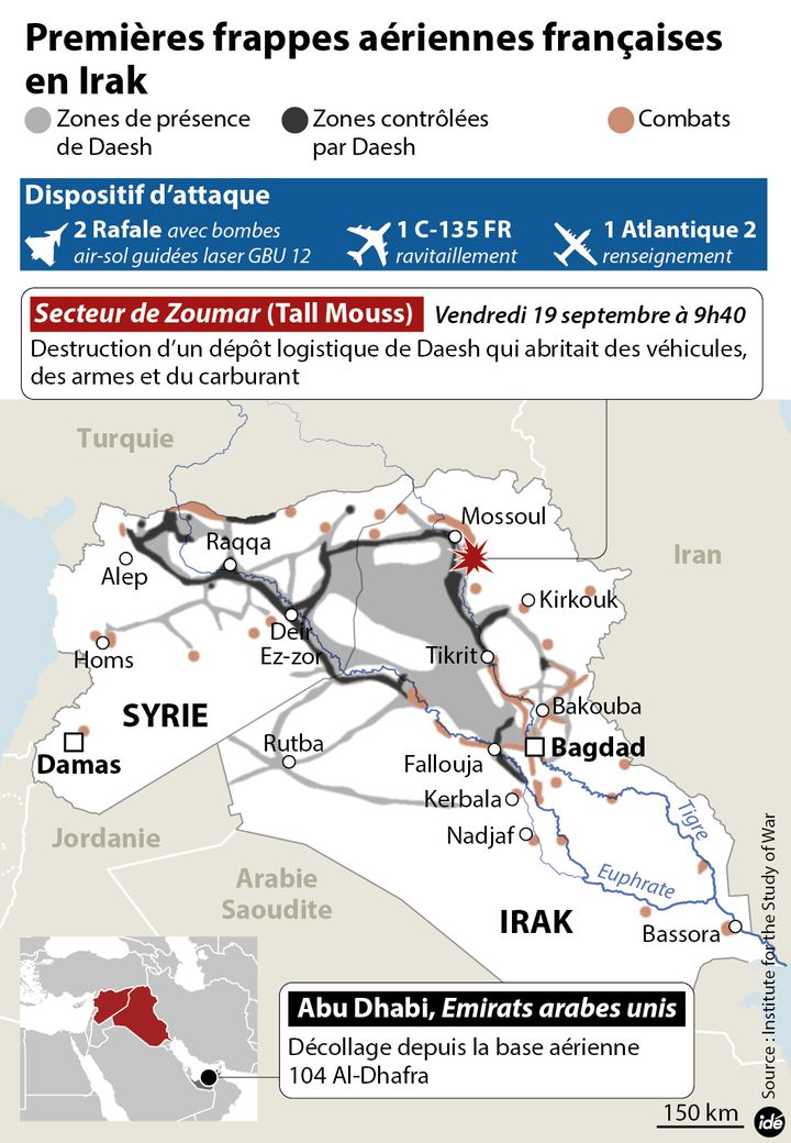 &nbsp; (Carte des premières frappes aériennes françaises en Irak ©Idé)