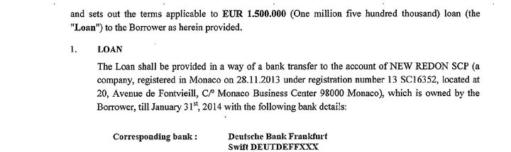 Un exemple de prêt accordé par la société des Iles Vierges britanniques Bimis Holding à la société monégasque New Redon. (DOCUMENT ICIJ)