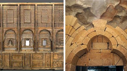 Des éléments du moucharabieh (à gauche) et le porche mamelouk remonté (détails
 (Musée du Louvre / photos Raphaël Chipault (2009) et Antoine Mongodin (2012))