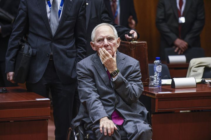 Wolfgang Schäuble, ministre des Finances allemand, lors d'une réunion du conseil "affaires économiques et financières" (Ecofin) à Bruxelles (Belgique), le 11 juillet 2017. (JOHN THYS / AFP)