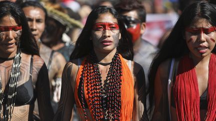 Manifestation des peuples autochtones de l'Amazonie, le 26 avril 2019 à Brasilia (SERGIO LIMA / AFP)