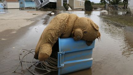 Un ours en peluche dans une rue inond&eacute;e d'Evans (Colorado, Etats-Unis), le 23 septembre 2013. (RICK WILKING / REUTERS)